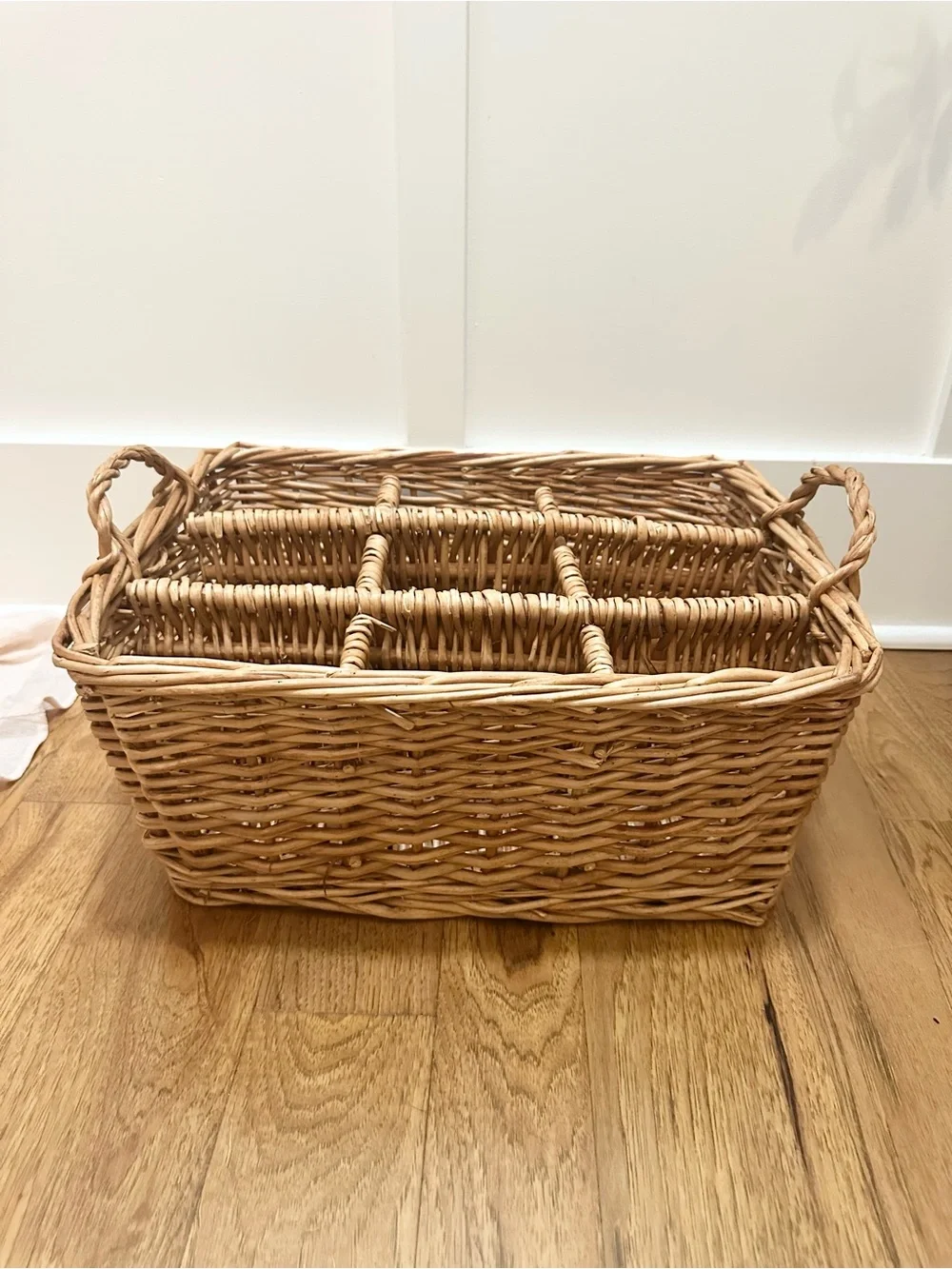 Vintage Woven Rattan Wicker Large Storage Basket 9 Compartments Handles Natural